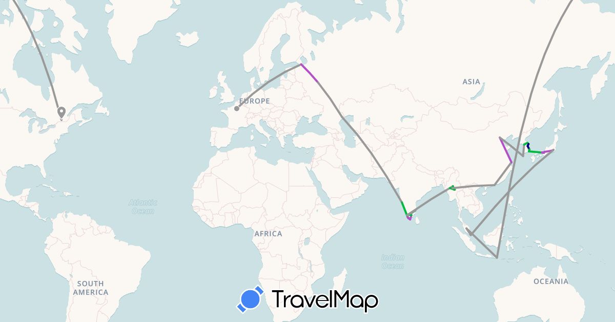 TravelMap itinerary: driving, bus, plane, train, hiking in Canada, China, France, Hong Kong, Indonesia, India, Japan, South Korea, Myanmar (Burma), Malaysia, Russia, Singapore (Asia, Europe, North America)